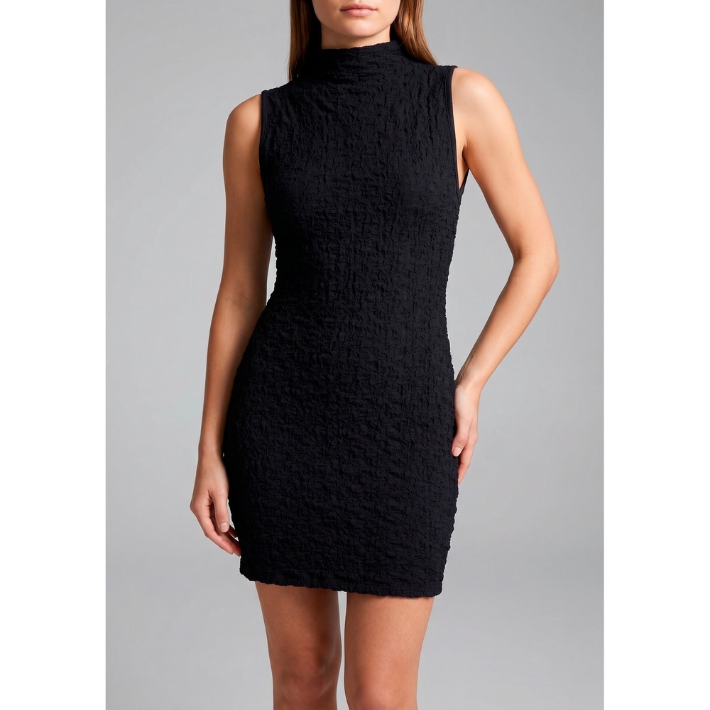 Free People Black Popcorn Texture High Neck Sleeveless Mini Dress OB1584912 XS